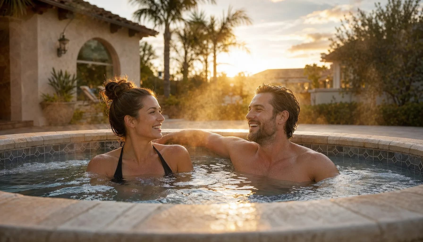 Smiling couple relaxing in a round tiled outdoor hot tub at sunset beside a stucco house and palm trees