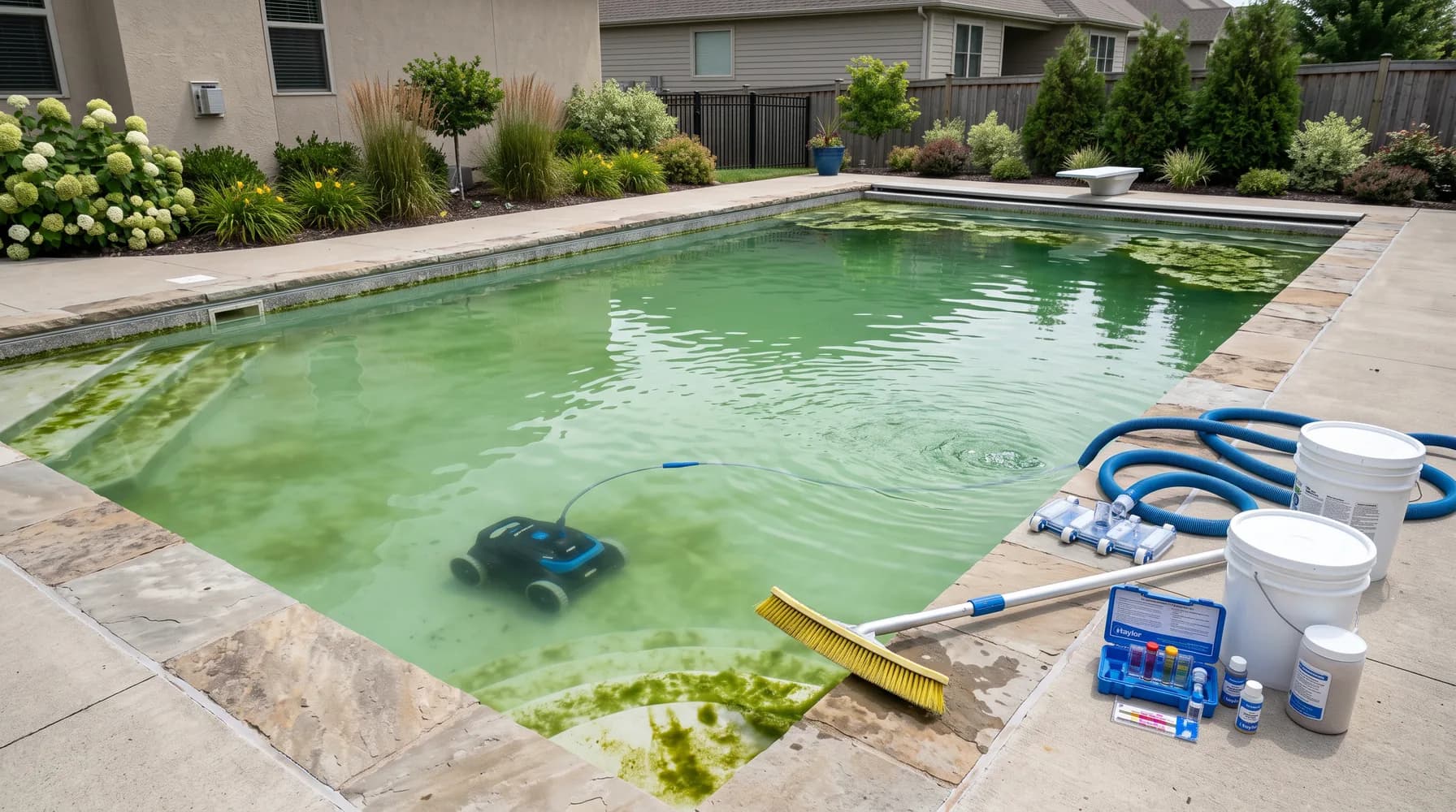 Backyard pool green with algae, a robotic cleaner in the shallow end and brush, buckets and a chemical test kit staged on the deck