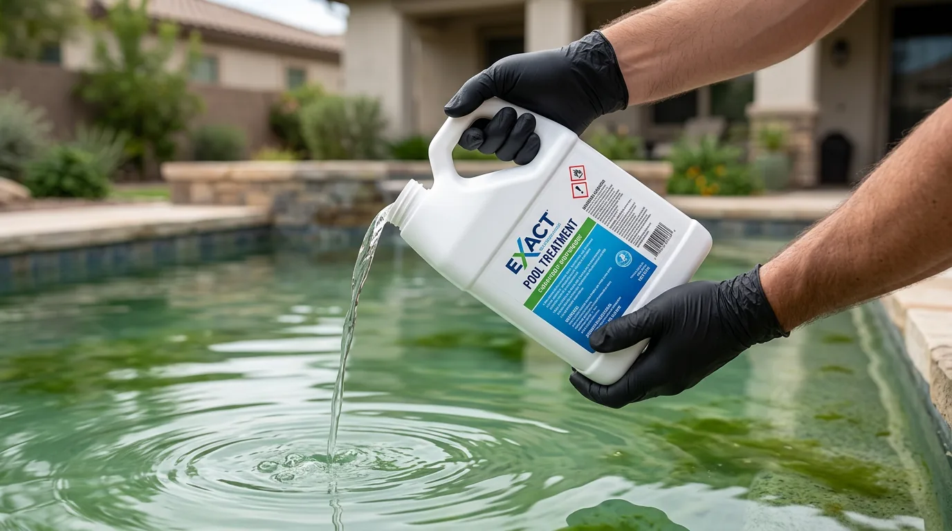 Gloved hands pouring liquid pool treatment from a jug into green-tinted pool water