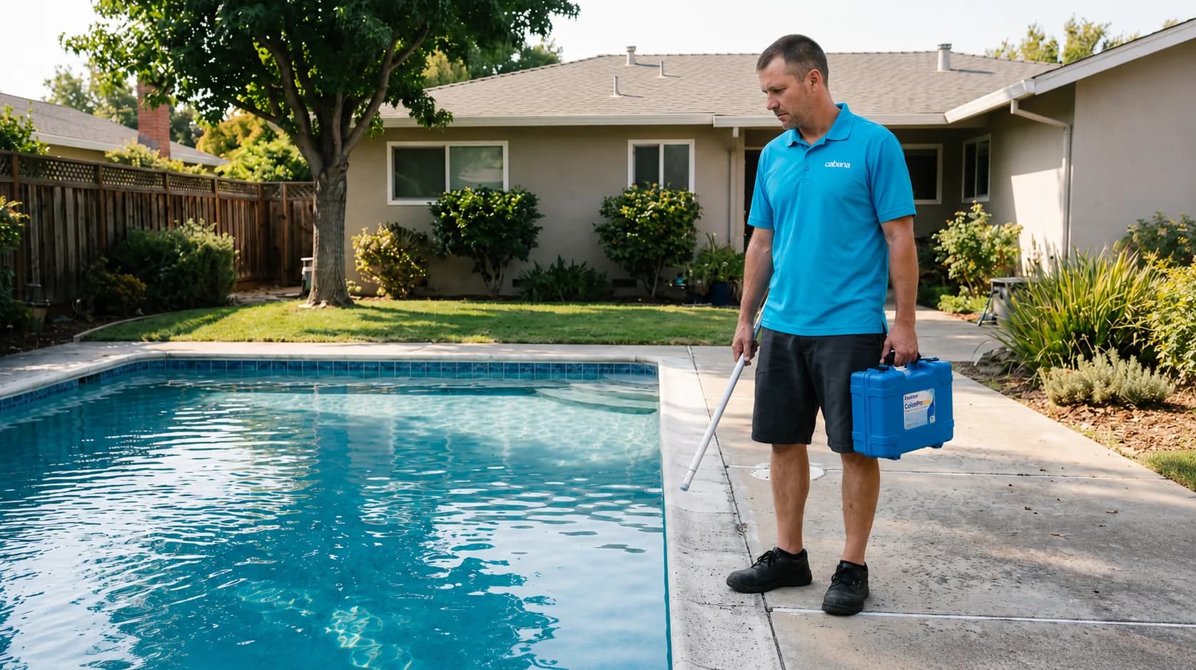 Cabana technician carrying a chemical caddy and service pole past a sparkling Bay Area backyard pool