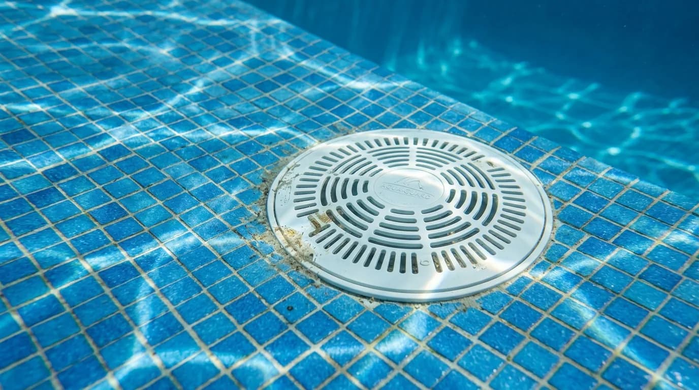 Main drain cover on the floor of a blue-tiled pool, seen through clear water