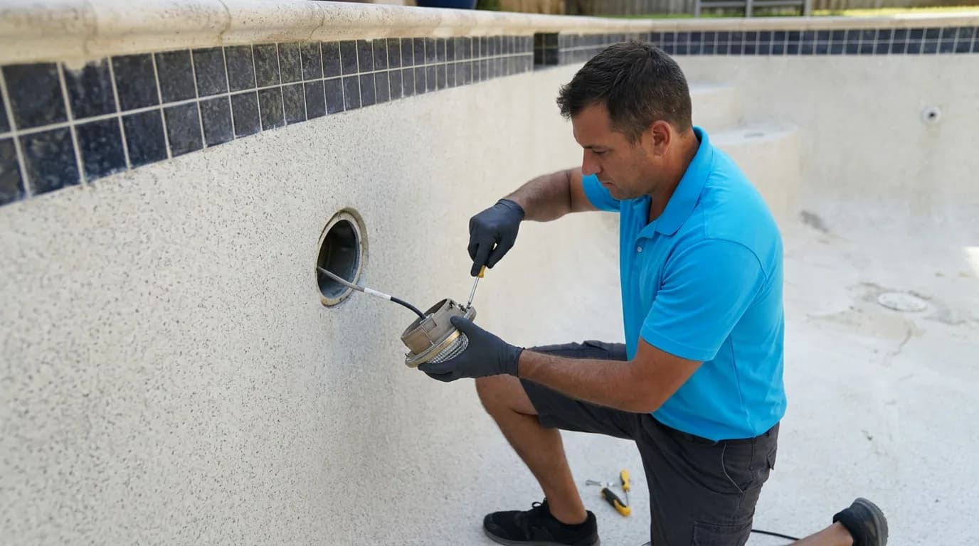 Cabana technician removing a pool light fixture from its niche in the wall of a drained pool