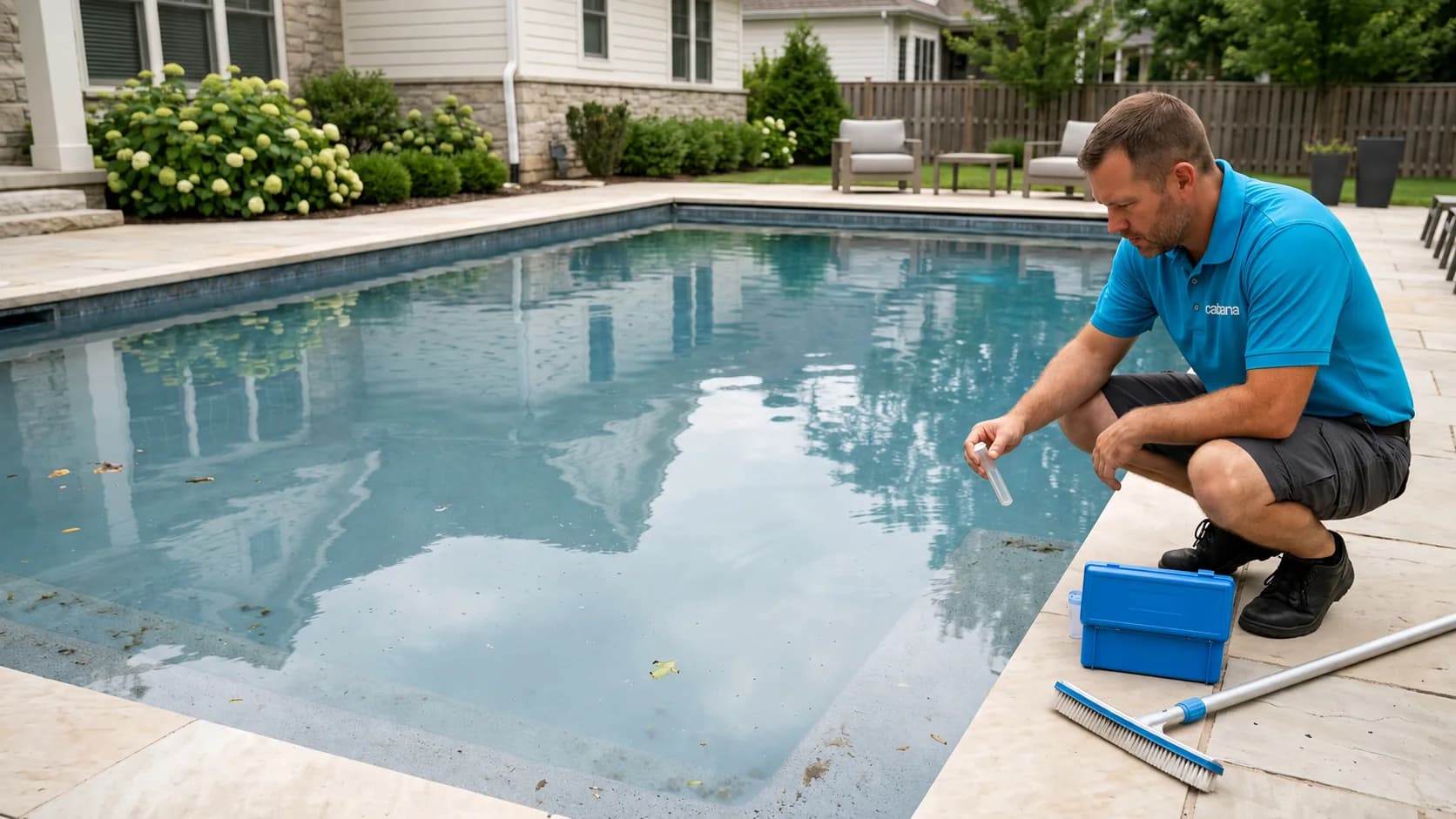 Cabana technician crouched at the edge of a cloudy pool reading a water test strip