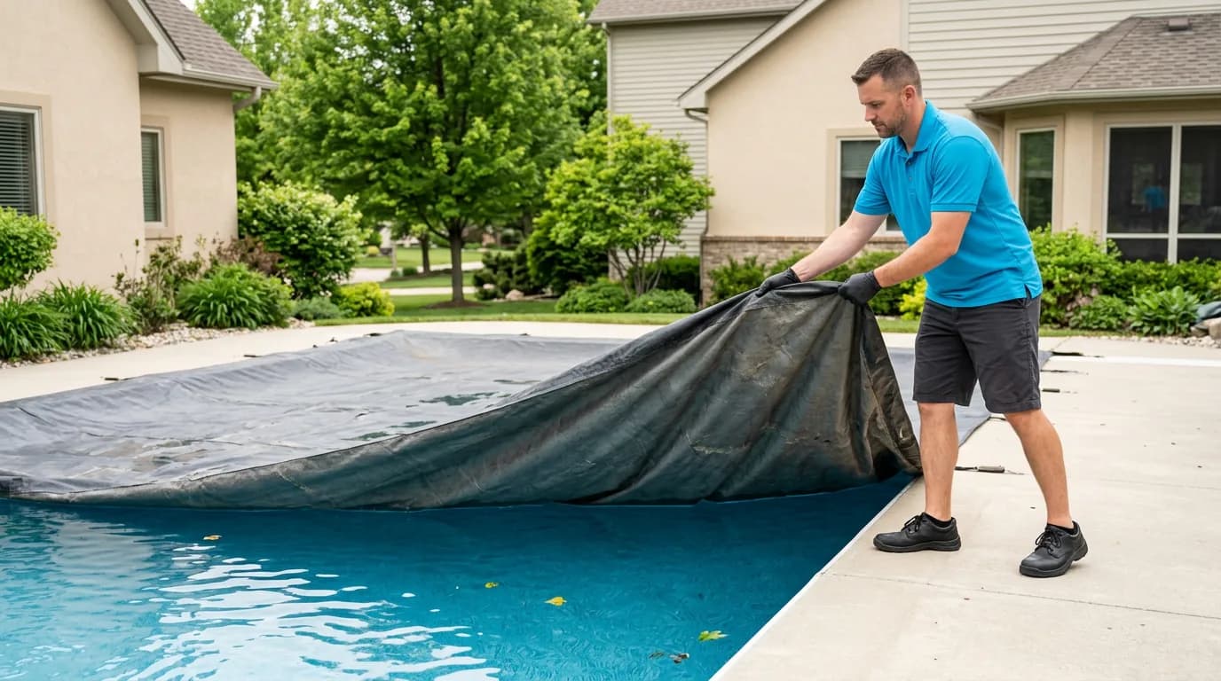 Cabana technician pulling the cover off a backyard pool to open it for the season