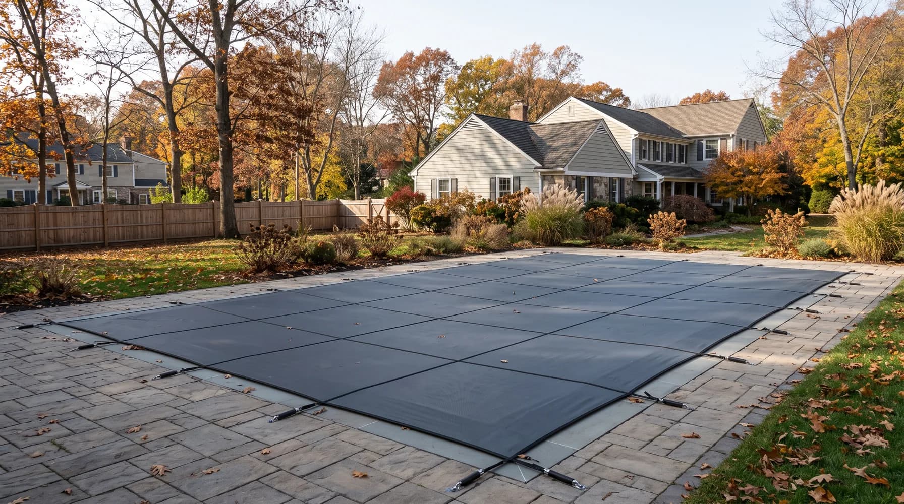 Backyard pool sealed under an anchored safety cover, autumn leaves scattered across the patio