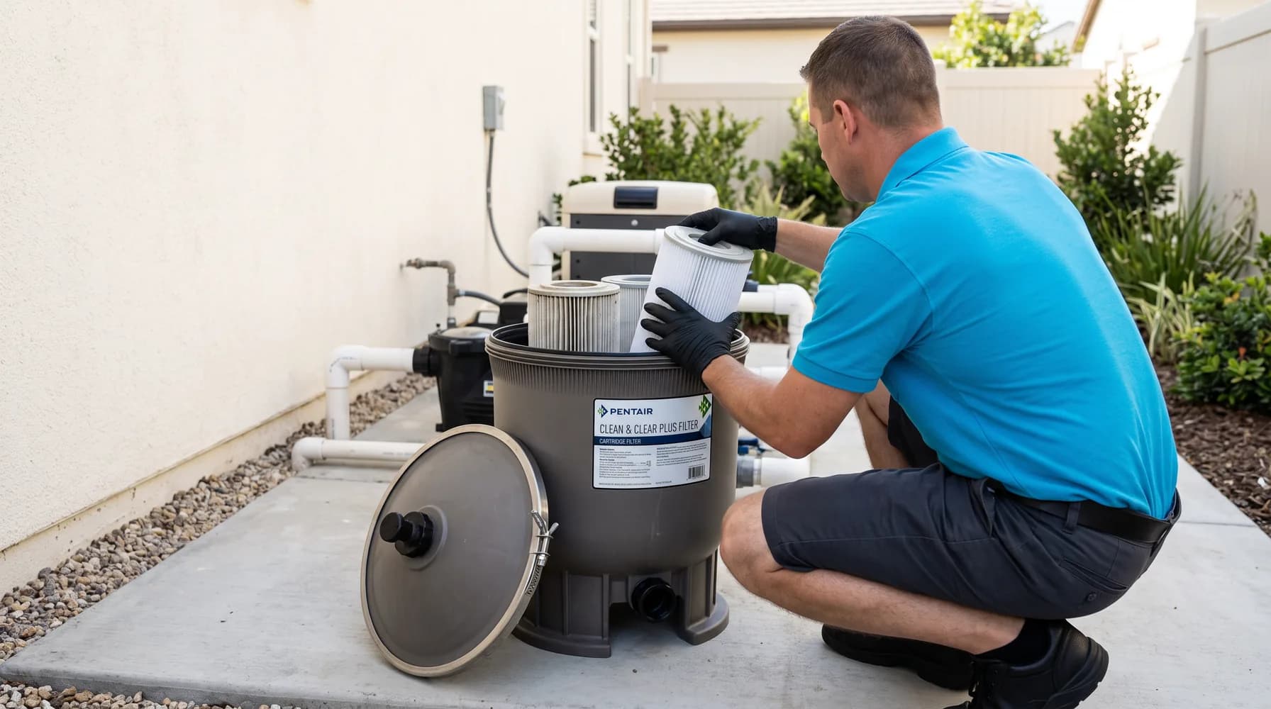 Cabana technician lifting a pleated cartridge out of an opened pool filter housing