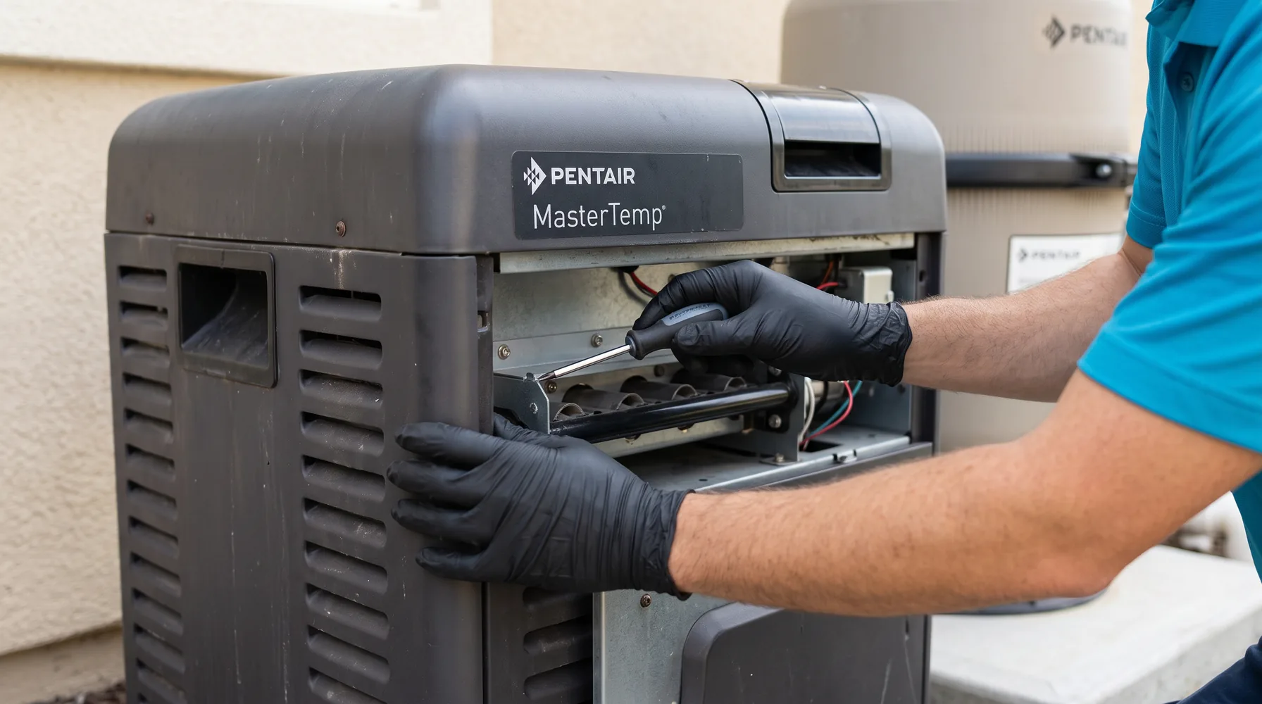 Gloved technician servicing the burner assembly inside an opened Pentair MasterTemp pool heater