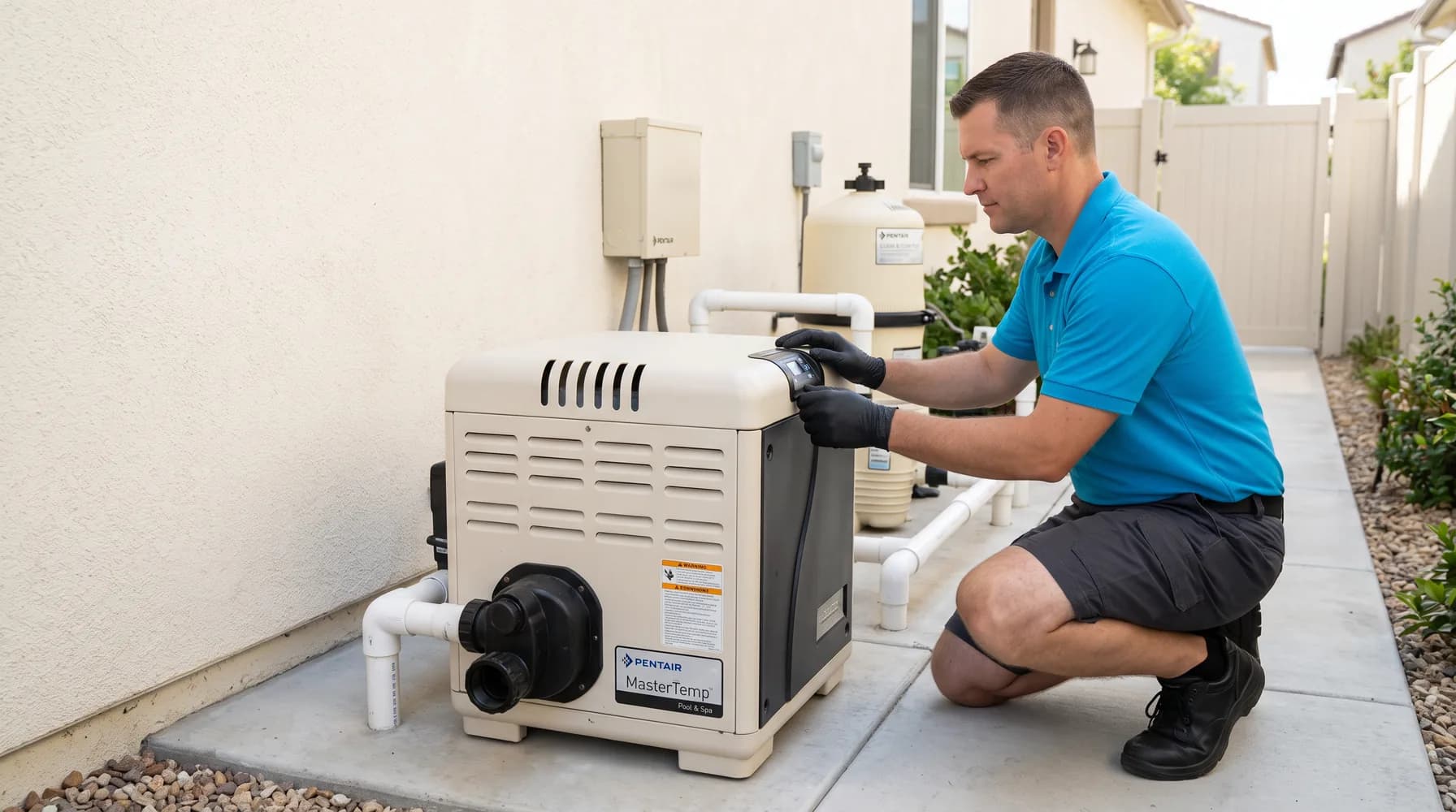 Cabana technician diagnosing a pool heater at the equipment pad beside the filter and plumbing
