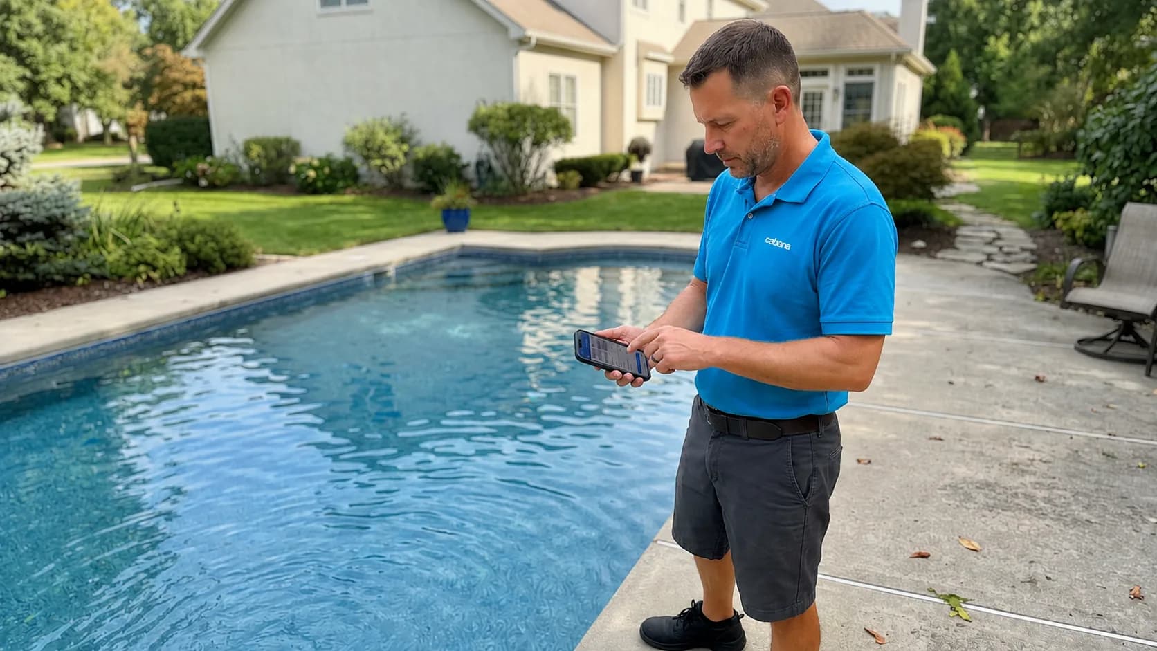 Cabana pool technician checking service pricing on a phone beside a clear backyard pool
