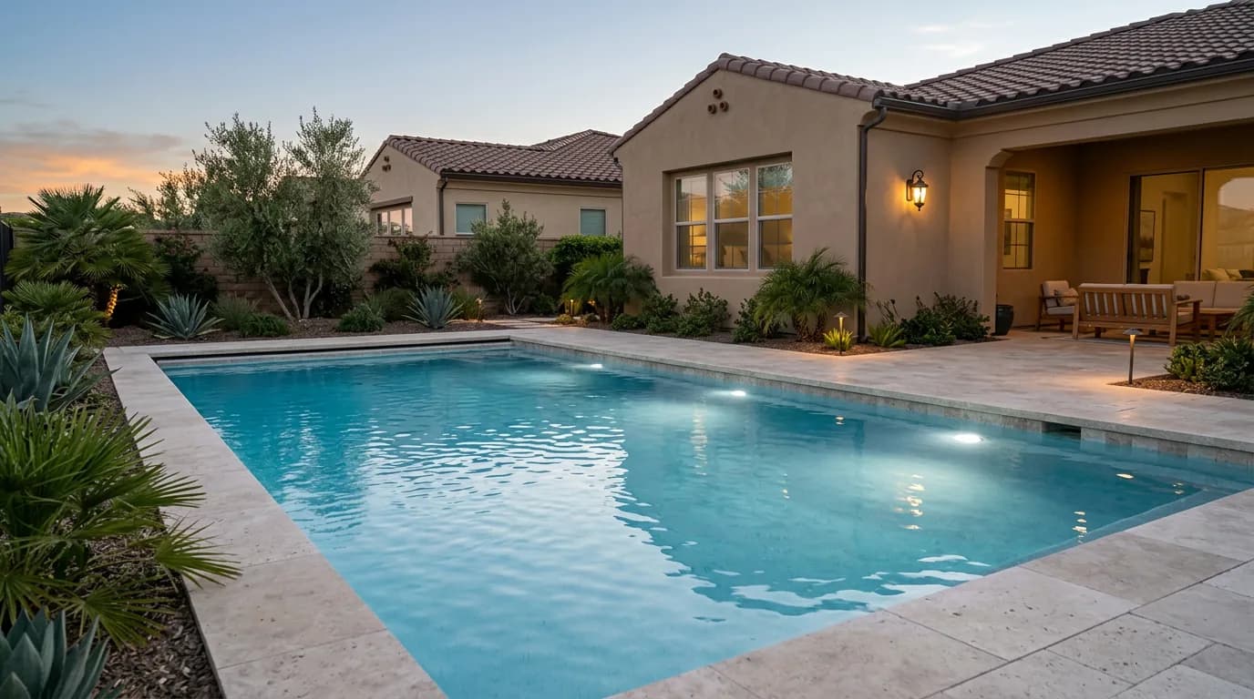 Backyard pool glowing with underwater lighting at dusk beside a warmly lit patio