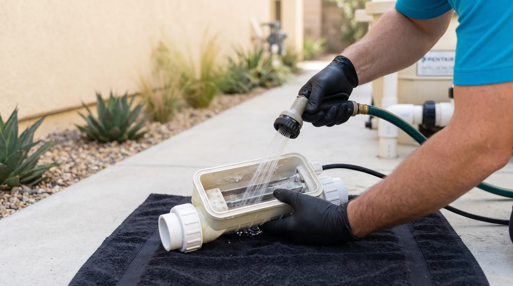 Gloved technician rinsing scale off a salt chlorine generator cell with a hose nozzle