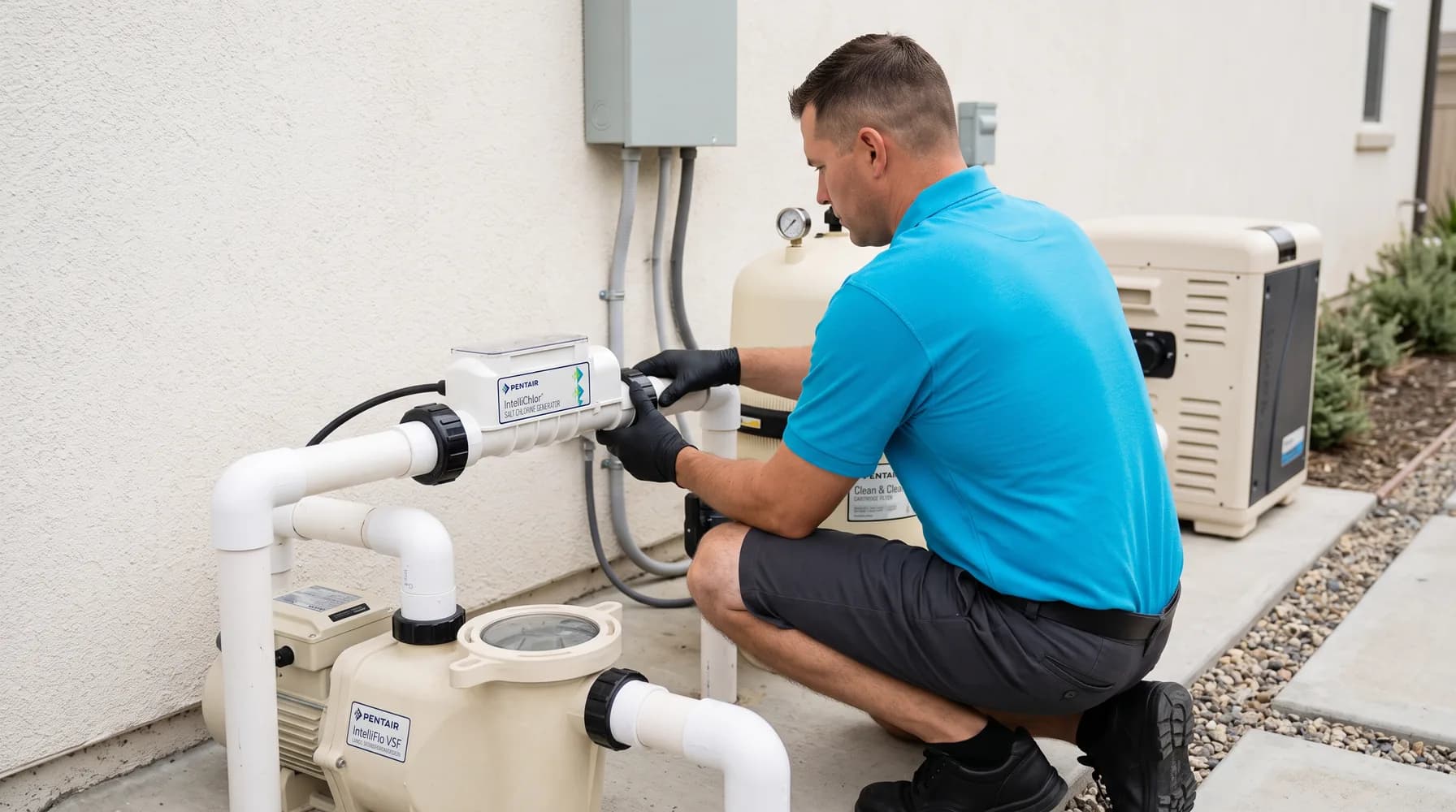 Cabana technician fitting a salt chlorine generator cell into the return plumbing at the equipment pad