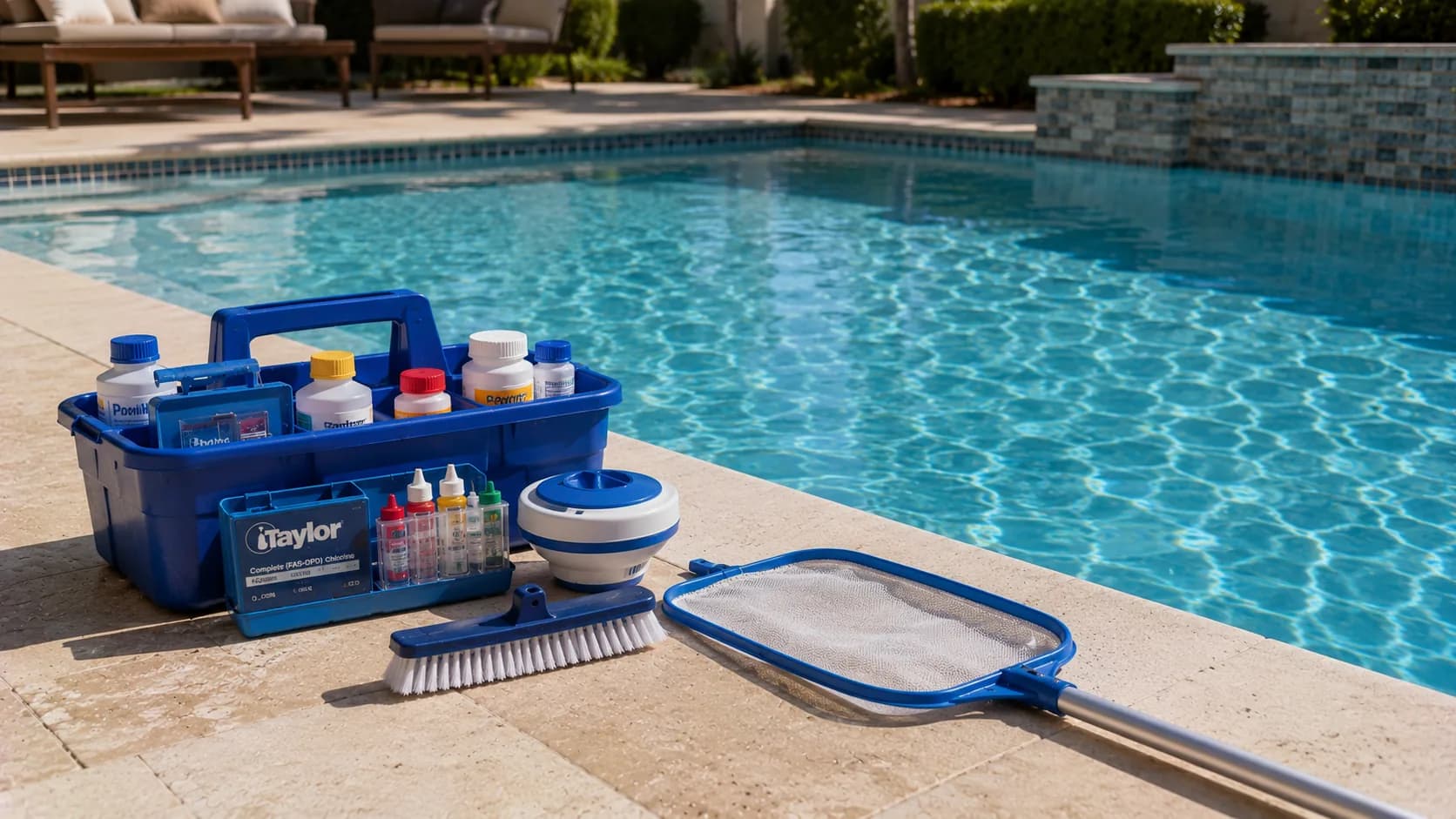 Pool cleaning kit with test reagents, brush and leaf skimmer laid out on the deck beside a blue pool