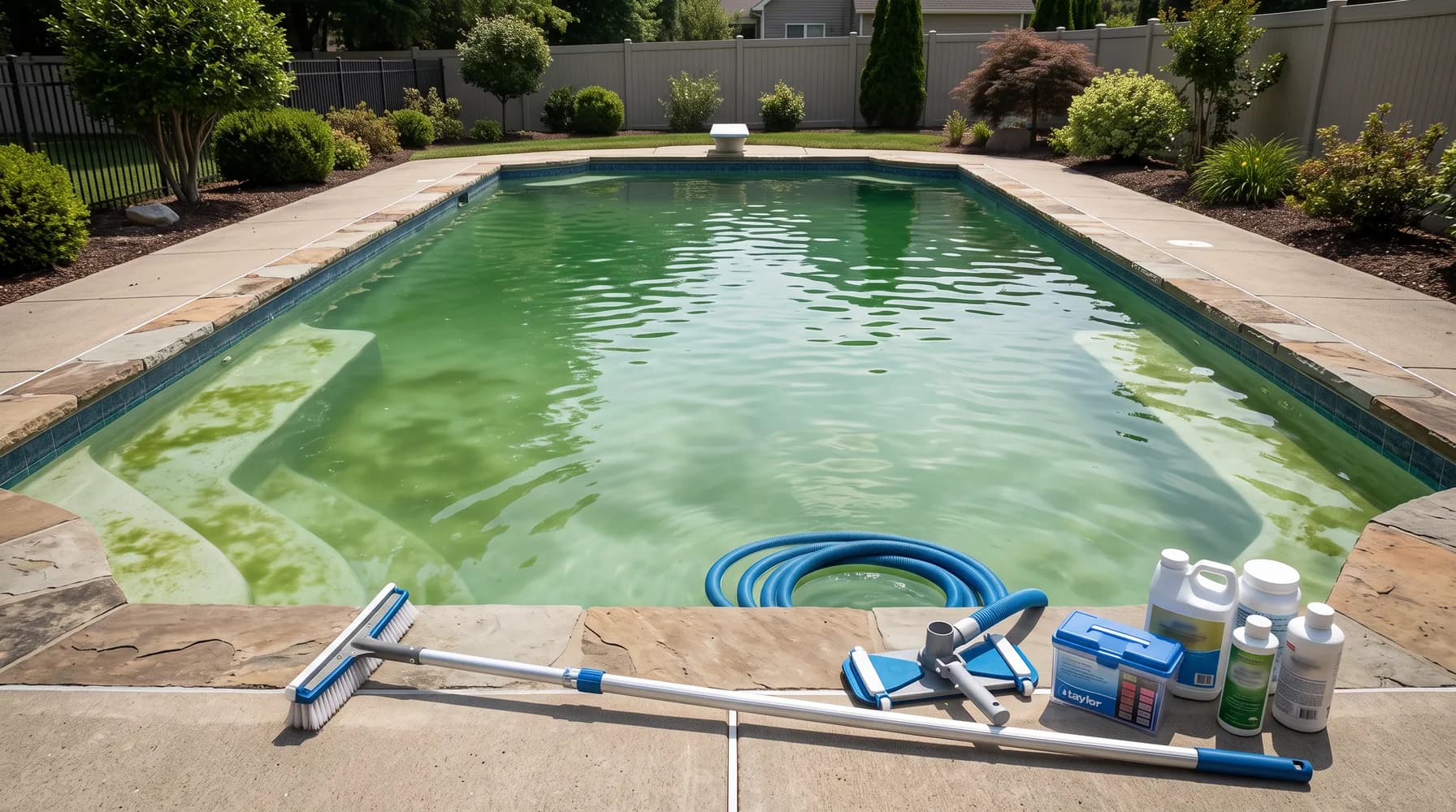 Backyard pool turned green with algae, a brush, vacuum hose and treatment chemicals staged on the deck