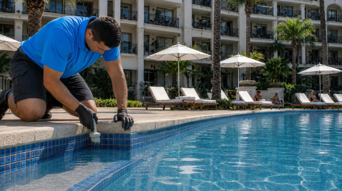 Technician brushing the waterline tile of a resort pool to keep it tour-ready