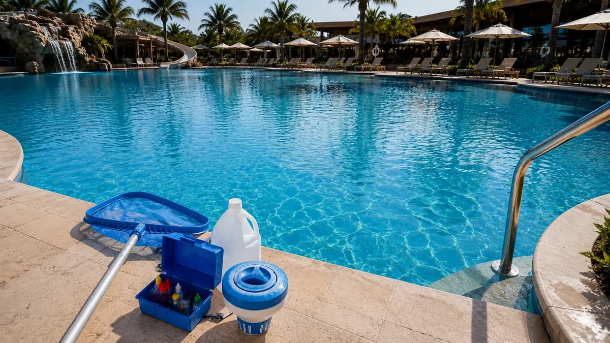 Chlorinator and water-care chemicals beside a crystal-clear commercial pool