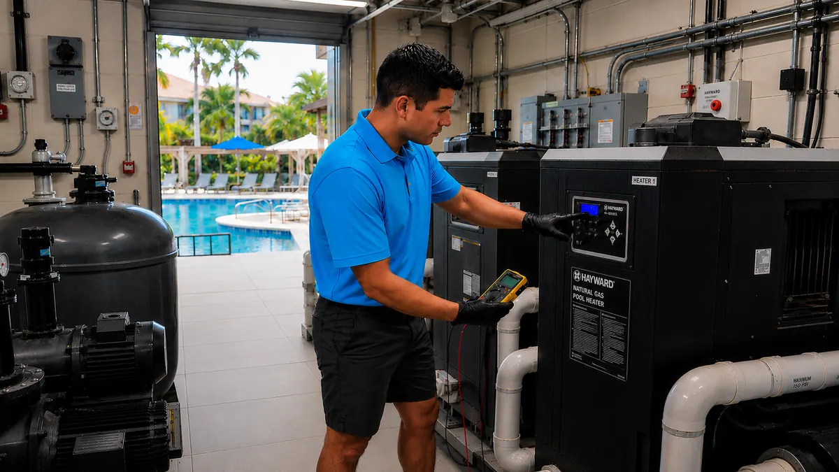 Technician testing a commercial pool heater and equipment in the pump room