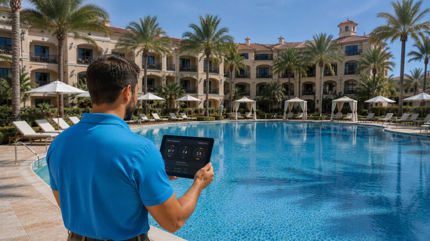Technician reviewing digital pool chemical readings on a tablet