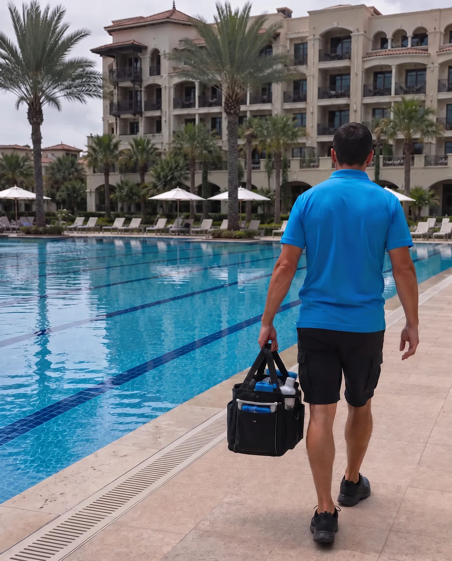Cabana technician carrying a service tool bag along the deck of a commercial resort lap pool
