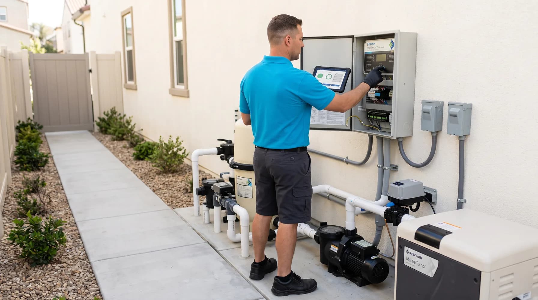 Cabana technician programming a wall-mounted pool automation control panel above the equipment pad