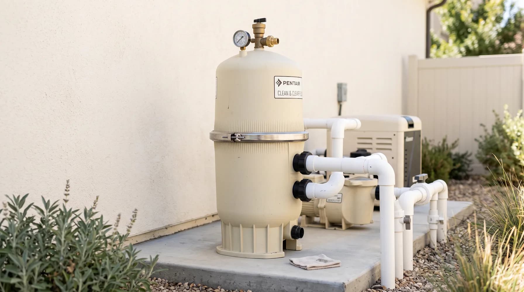 Cartridge pool filter and PVC plumbing on an equipment pad, pressure gauge mounted on the lid