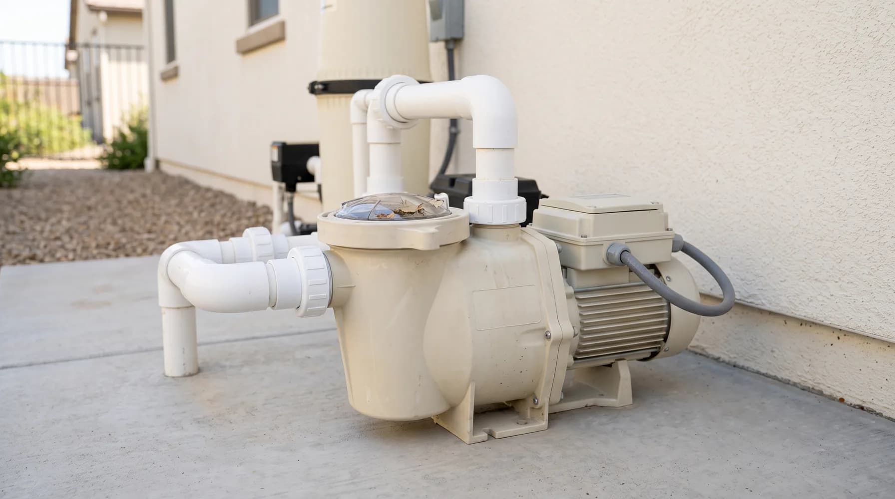 Pool pump with a clear strainer lid and PVC plumbing mounted on a concrete equipment pad