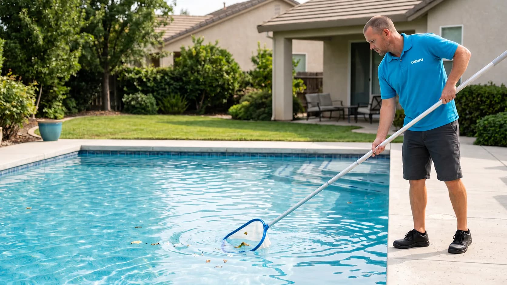 Cabana technician skimming leaves from the surface of a backyard pool with a leaf net