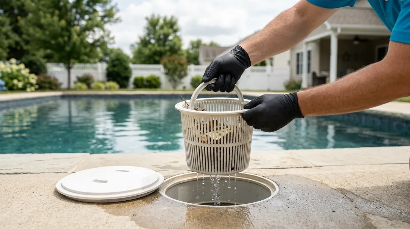 Gloved hands lifting a skimmer basket out of its deck opening beside a pool