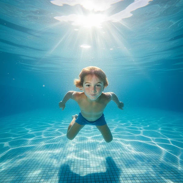 Child swimming underwater in a crystal-clear Cabana-maintained pool