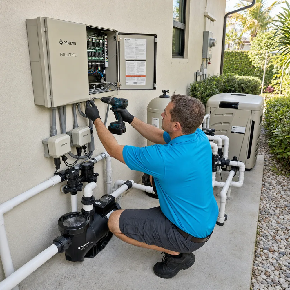 Cabana technician performing pool automation installation service