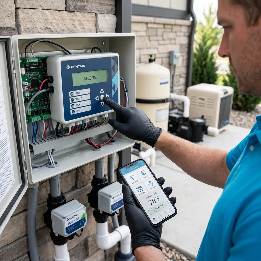 Cabana technician diagnosing pool equipment at the pad