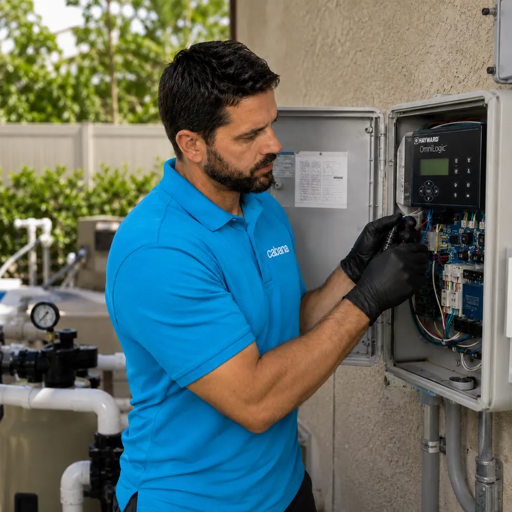 Cabana technician performing pool automation repair service