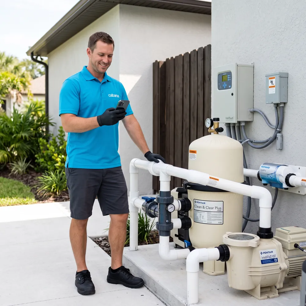 Cabana technician diagnosing pool equipment at the pad