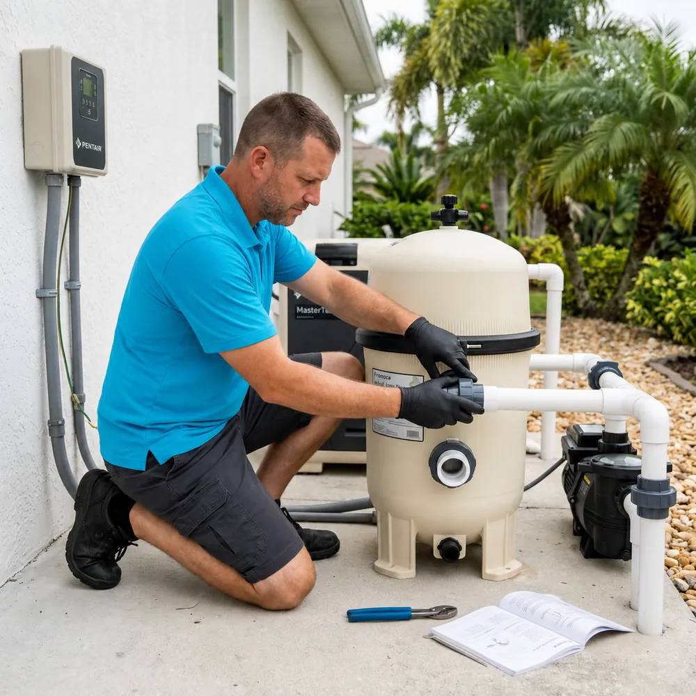 Cabana technician performing pool filter installation service