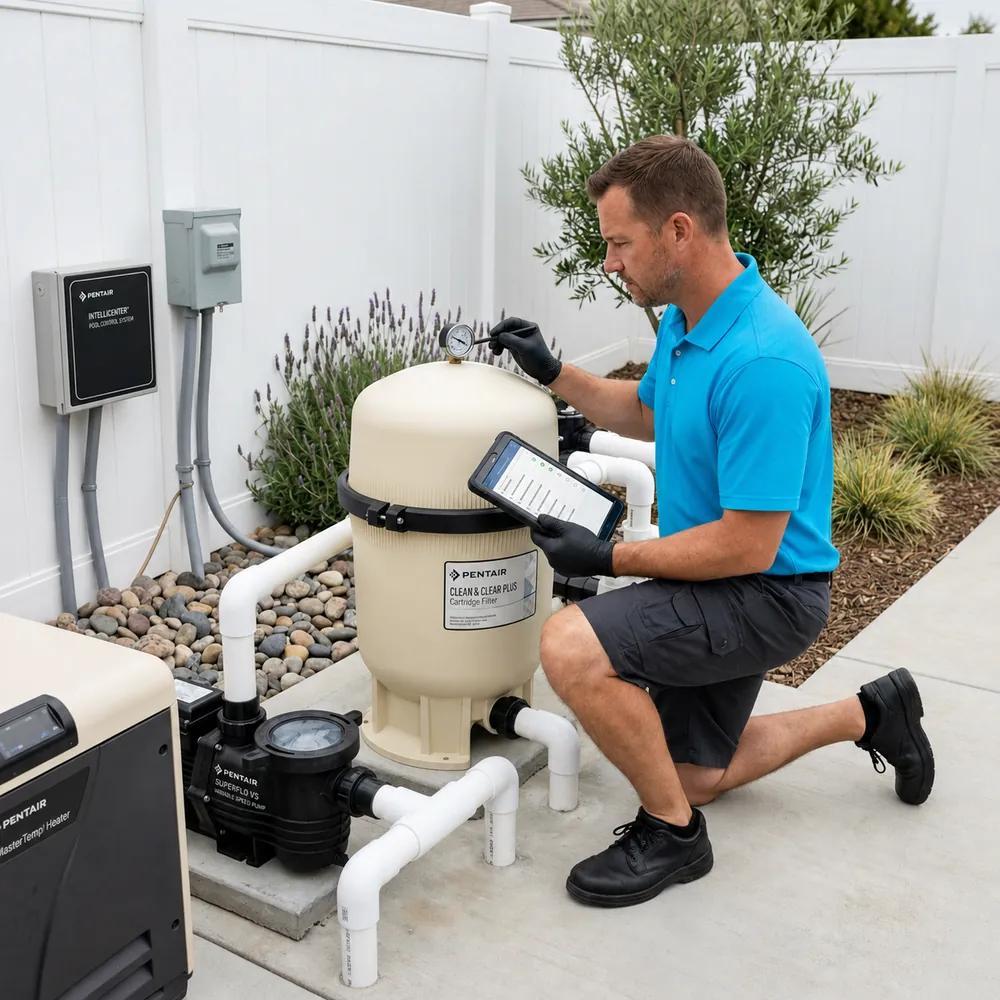 Cabana technician diagnosing pool equipment at the pad