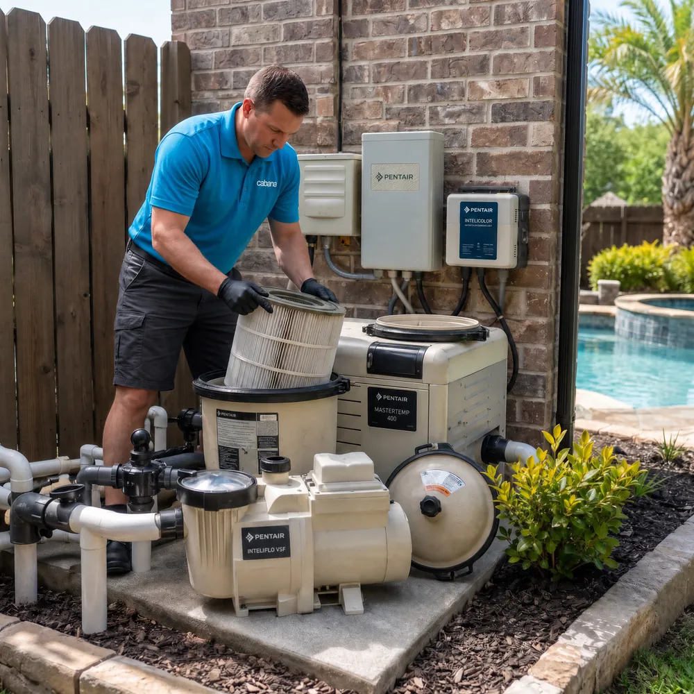 Cabana technician performing pool filter repair service