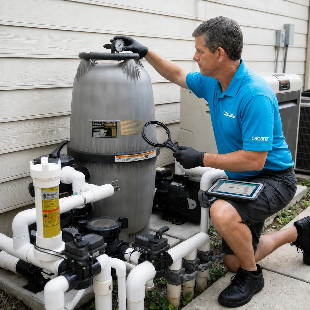 Cabana technician diagnosing pool equipment at the pad