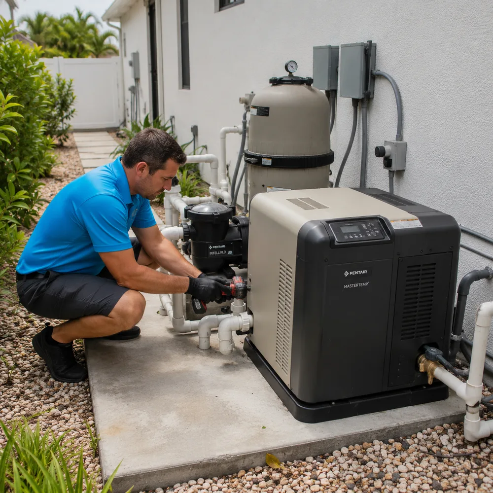 Cabana technician performing pool heater installation service