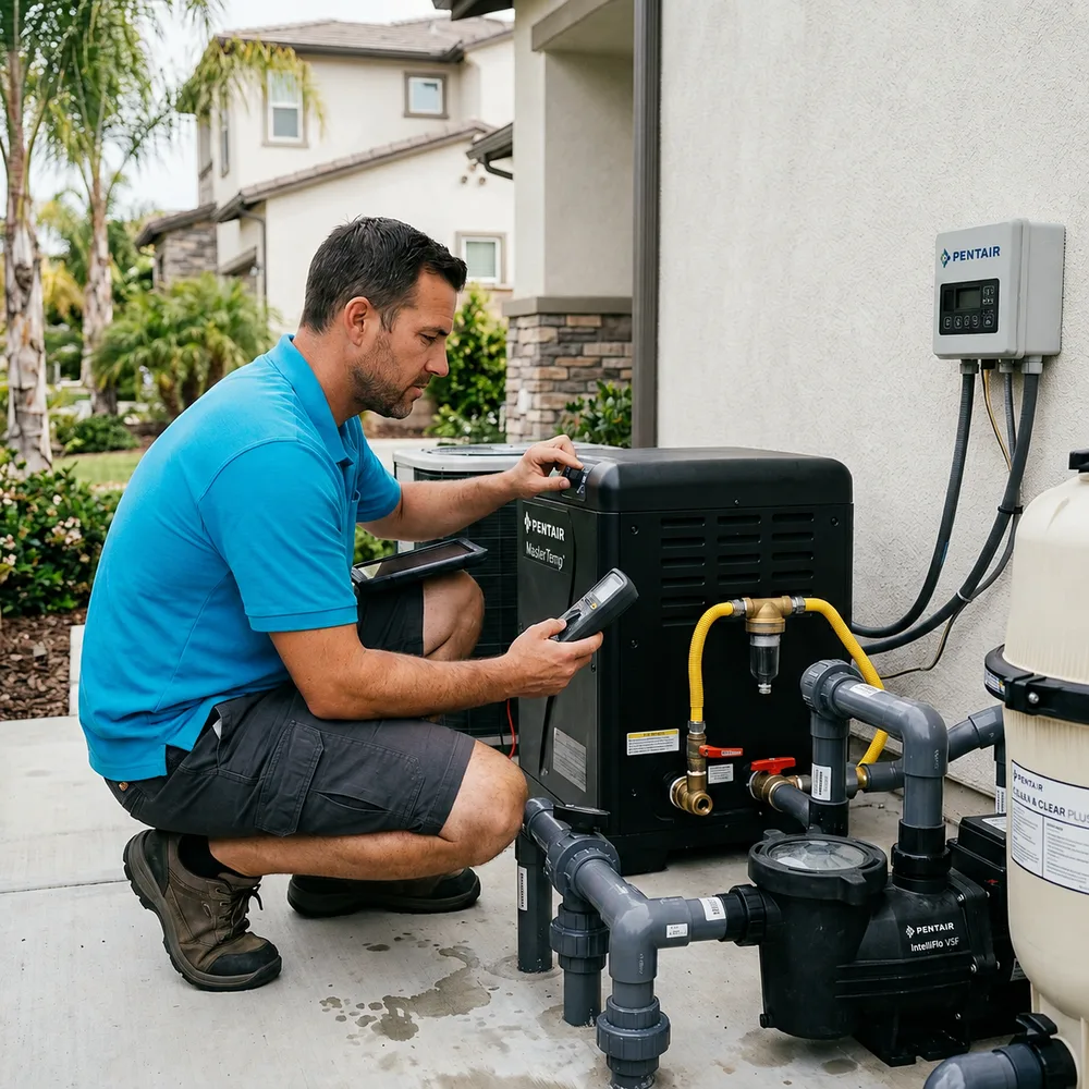 Cabana technician diagnosing pool equipment at the pad