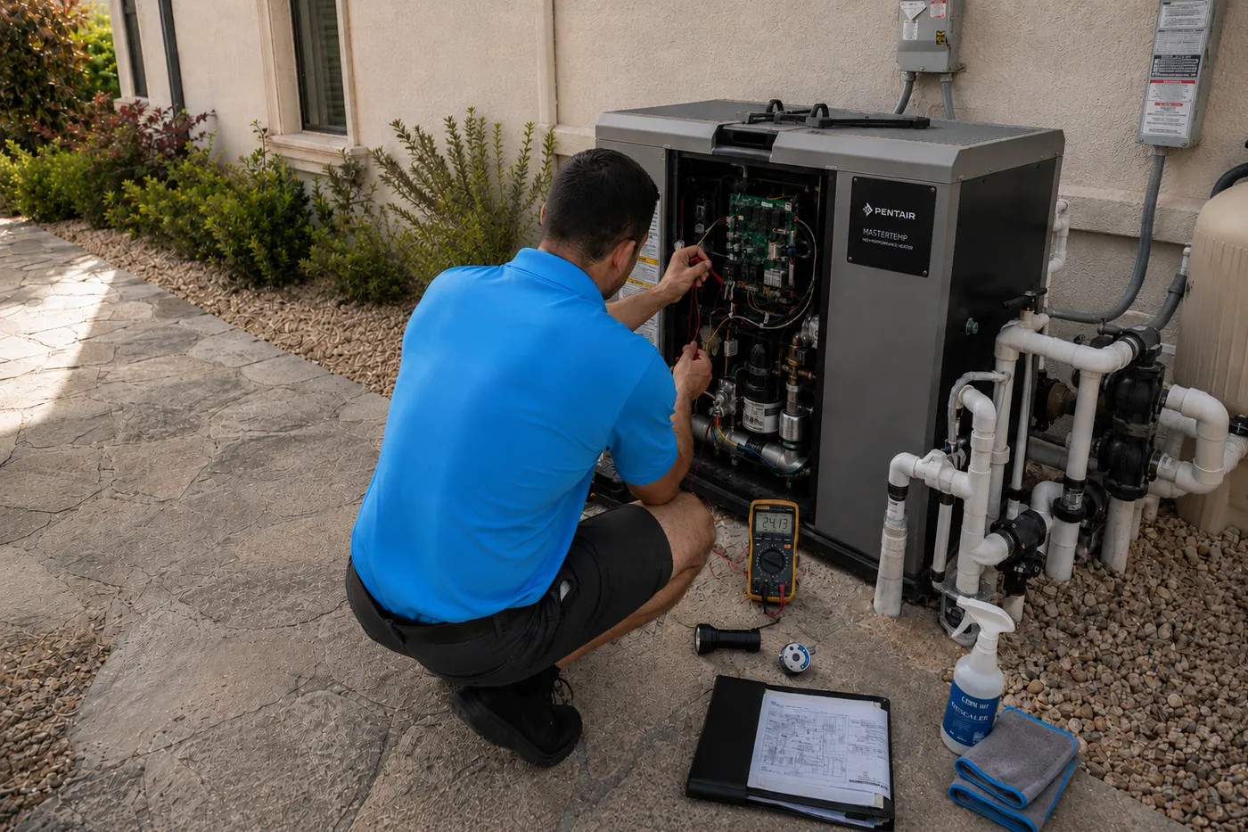 Cabana technician diagnosing pool equipment at the pad