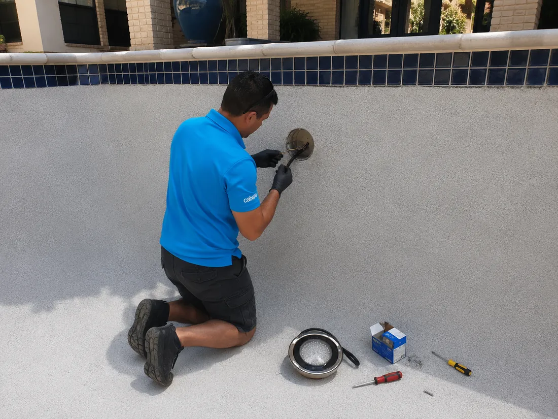 Cabana technician diagnosing pool equipment at the pad