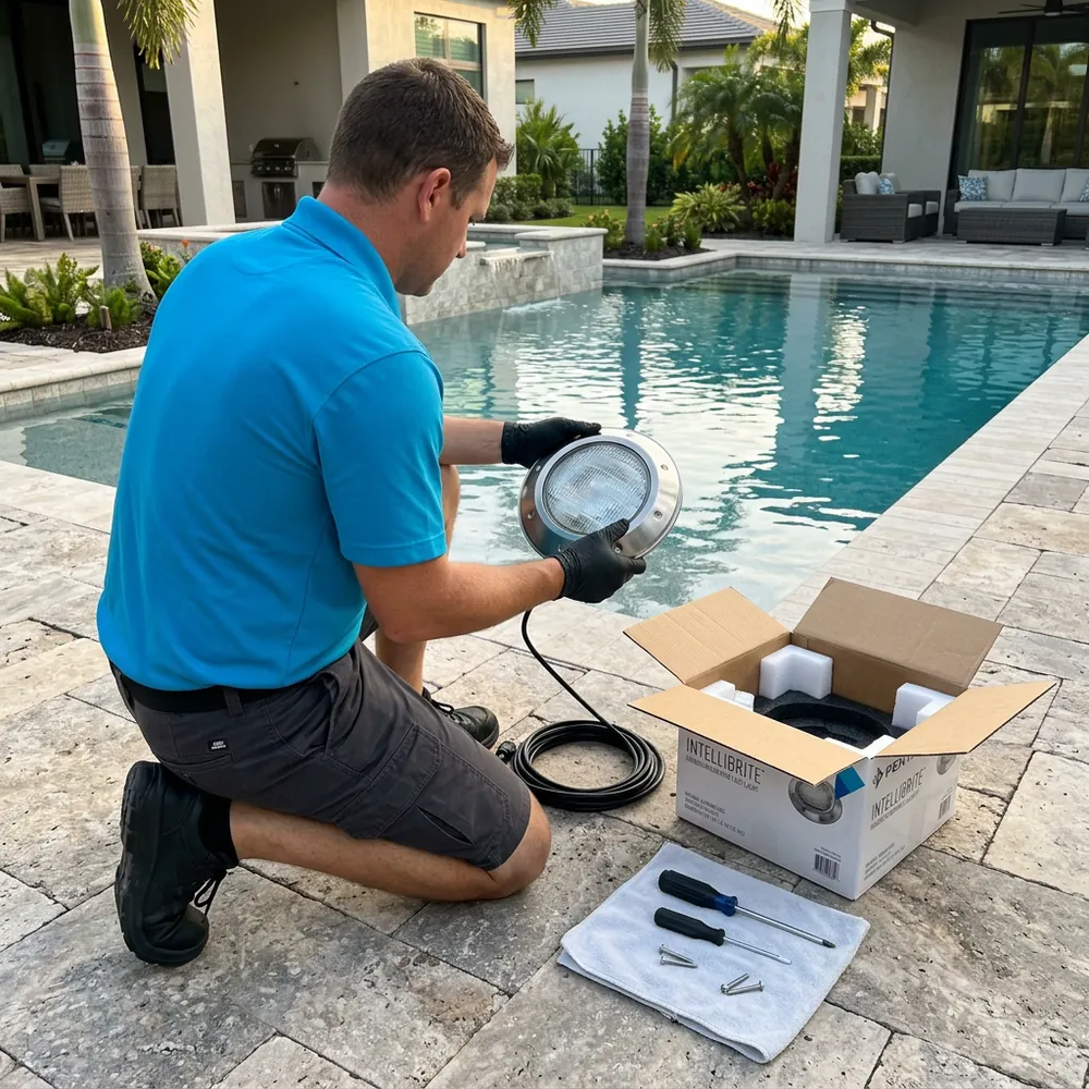 Cabana technician performing pool light replacement service