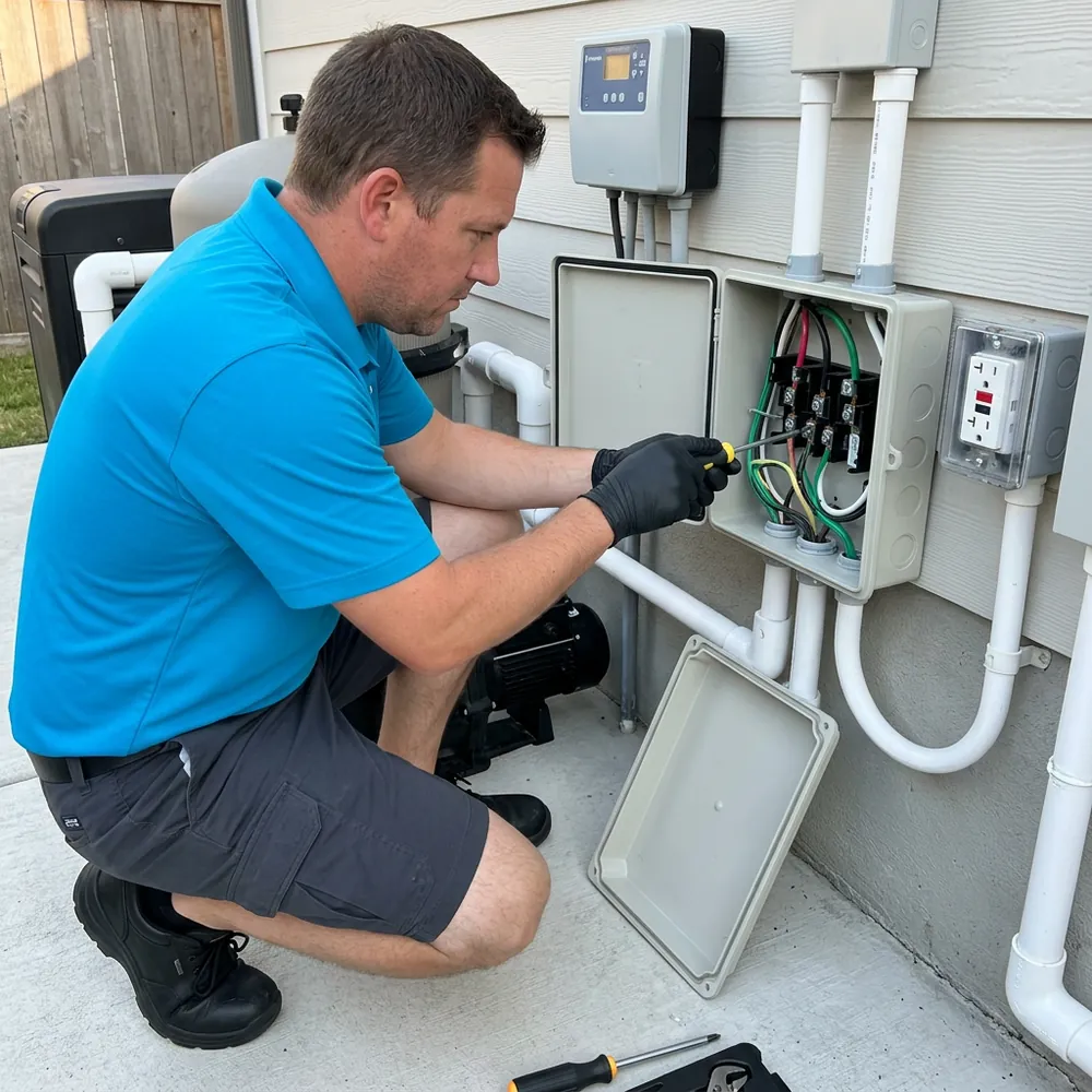 Cabana technician diagnosing pool equipment at the pad