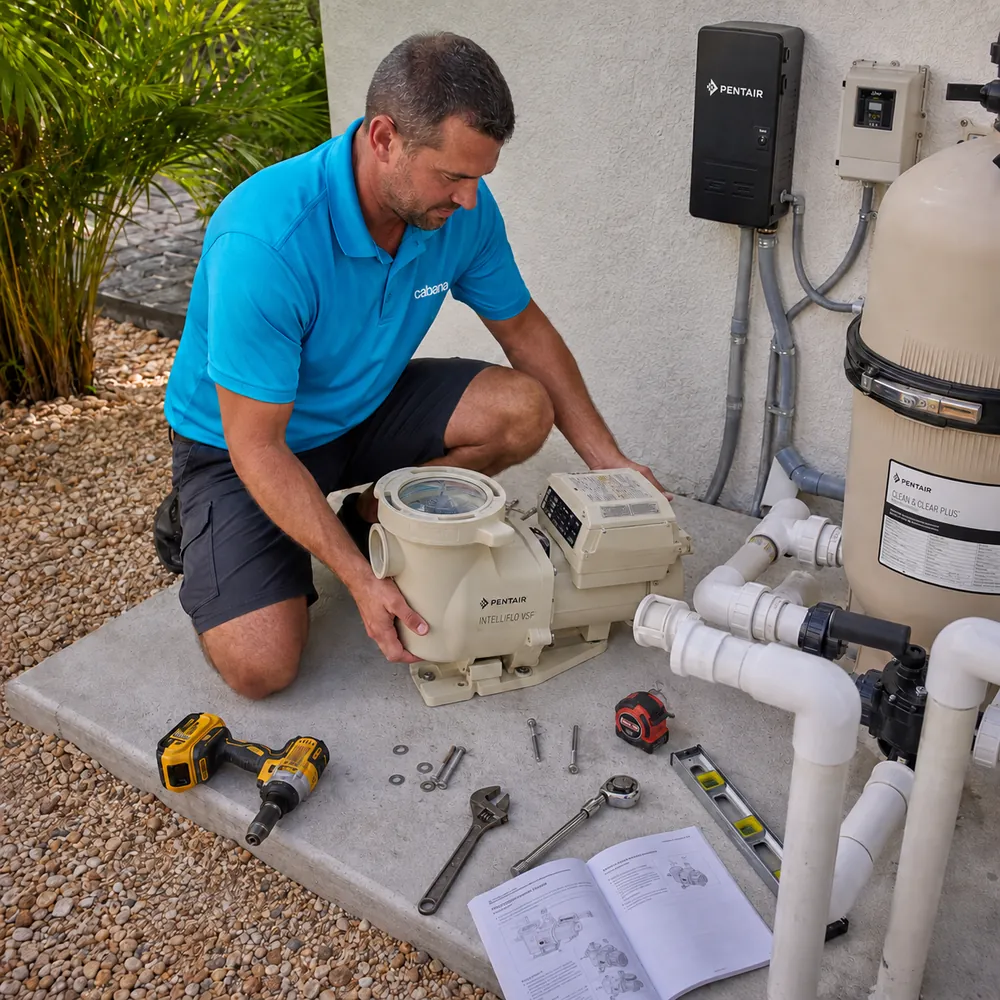 Cabana technician performing pool pump installation service