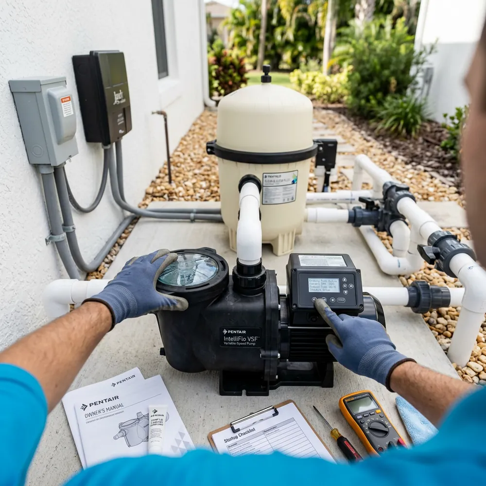 Cabana technician diagnosing pool equipment at the pad