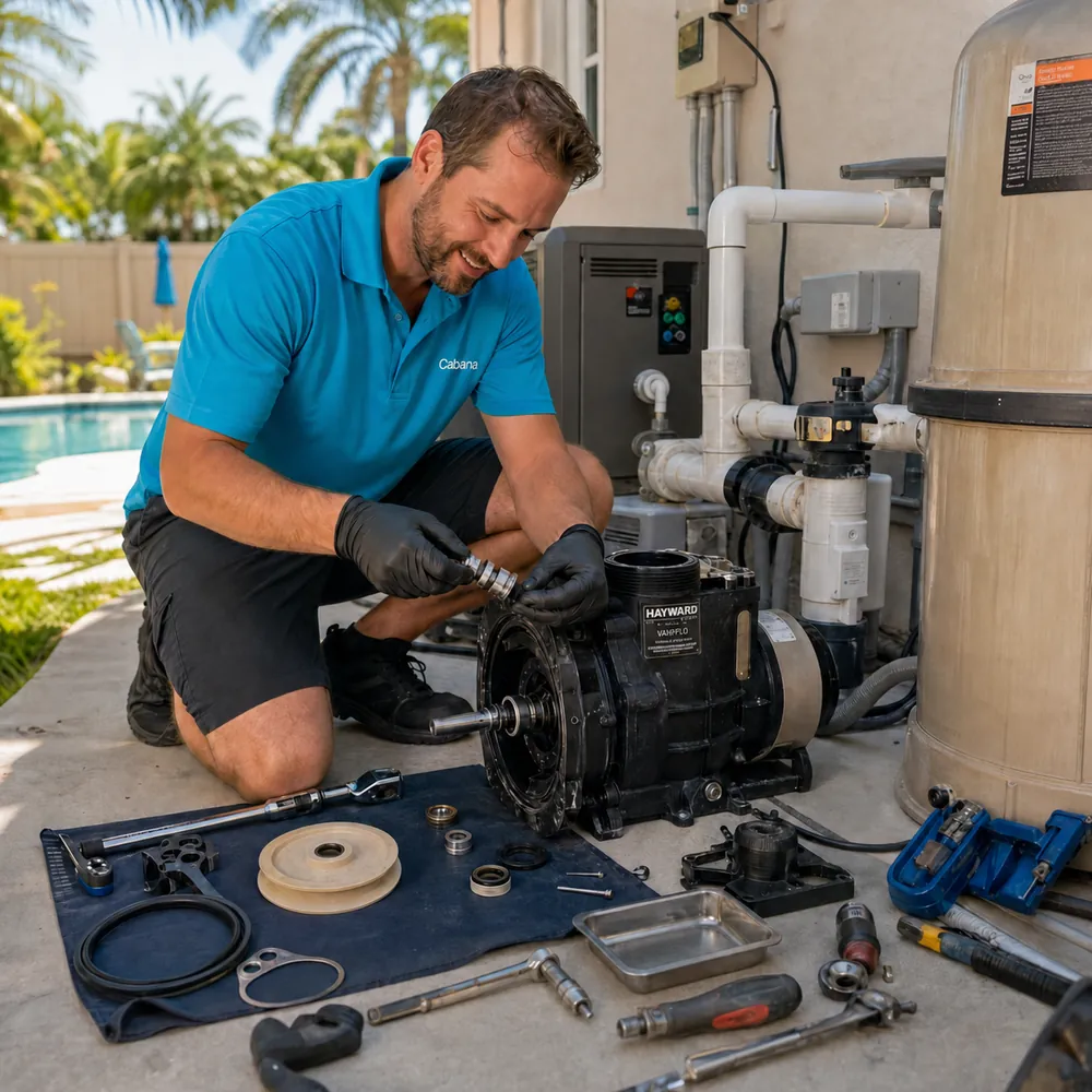 Cabana technician performing pool pump repair service