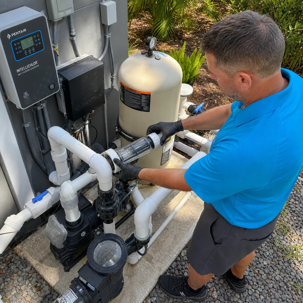 Cabana technician performing salt water pool system repair service