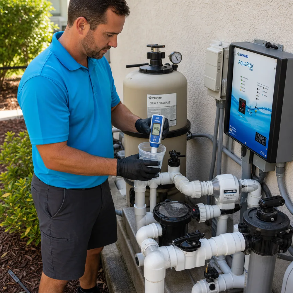 Cabana technician diagnosing pool equipment at the pad