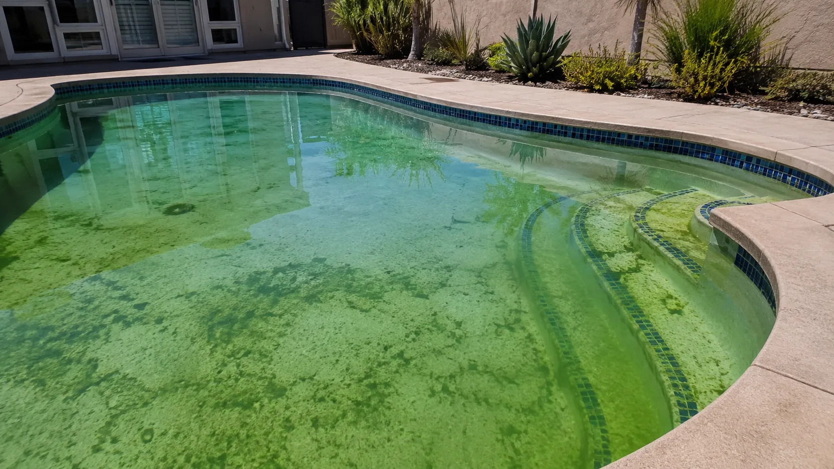 Kidney-shaped San Diego pool clouded green, with algae streaking the walls and floor