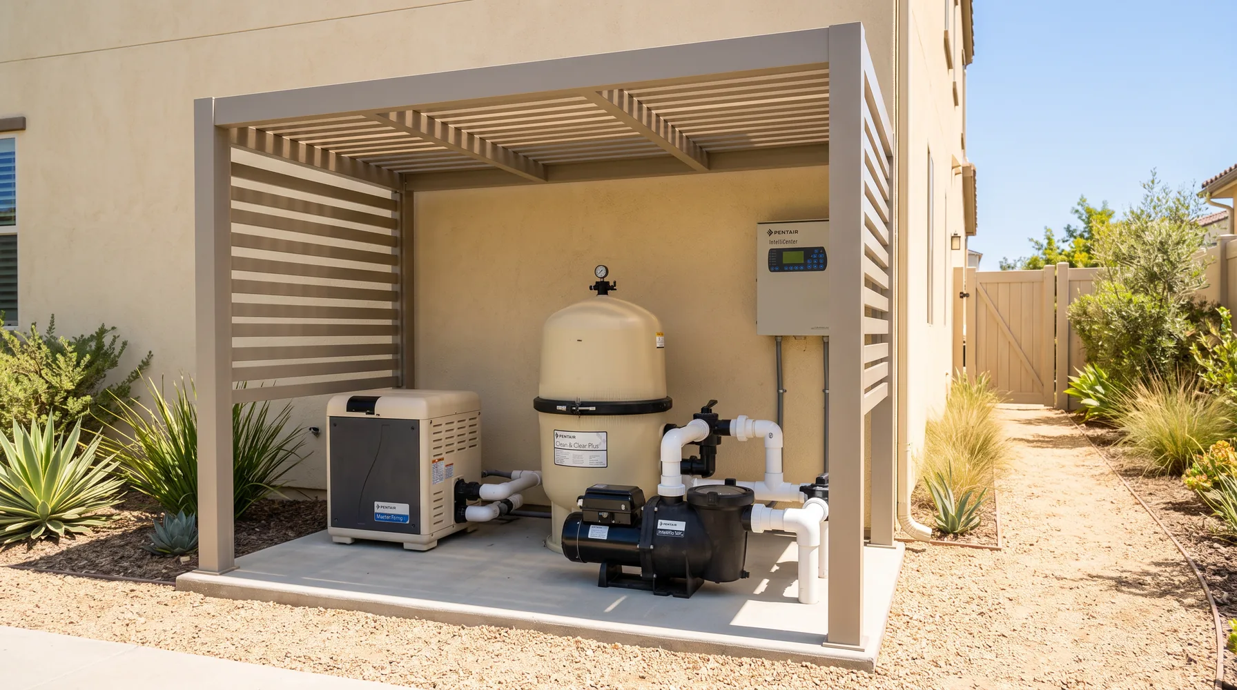 Pool heater, filter and pump shaded under a louvered equipment enclosure beside a San Diego home